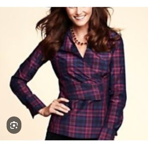 Talbots Silk Navy Pink Plaid Blouse Sz 10 Office Career Business Casual Preppy - Picture 3 of 9